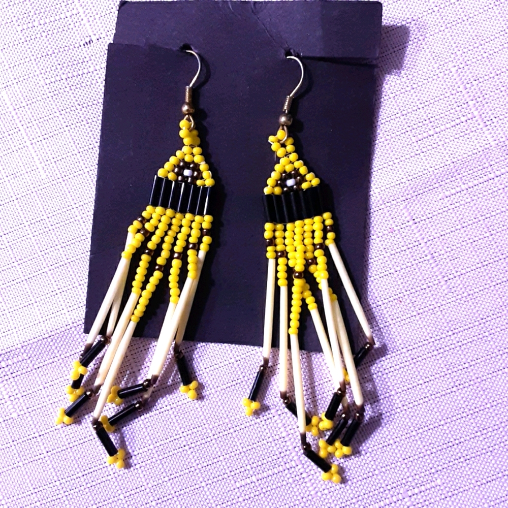 Boho yellow and black bead earrings